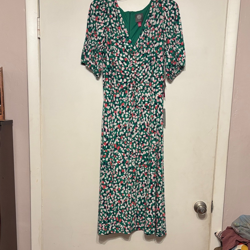Vince Camuto Green and Pink Patterned Midi Dress